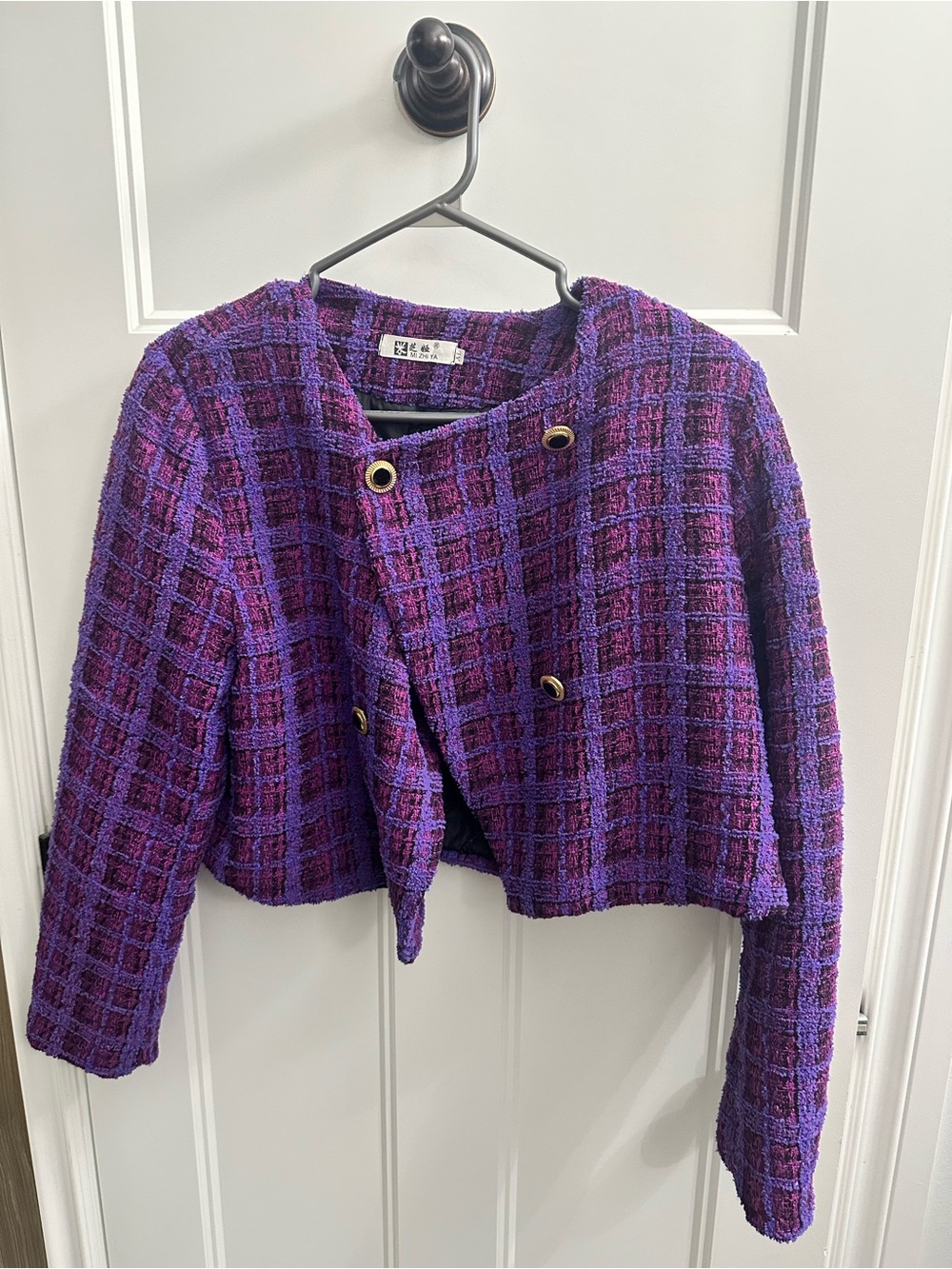 MIZHIYA Purple & Pink Plaid Cropped Jacket with Gold Buttons Like New